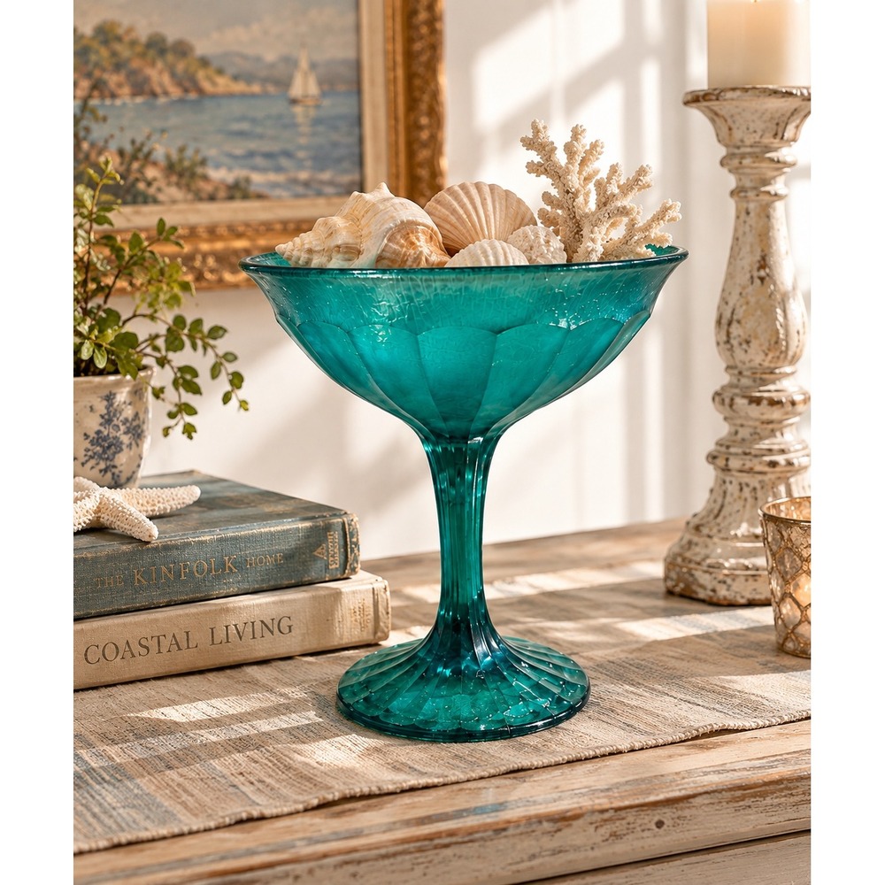Teal Iridescent Glass Compote Pedestal Bowl 8x8 Coastal Decor Turquoise